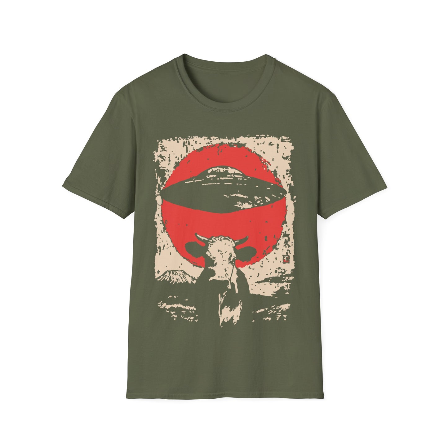 UFO Cow Abduction Red Sun t-shirt design, featuring a longhorn cow silhouette beneath a hovering flying saucer and oversized red sun in a distressed vintage sci-fi illustration on a military green background