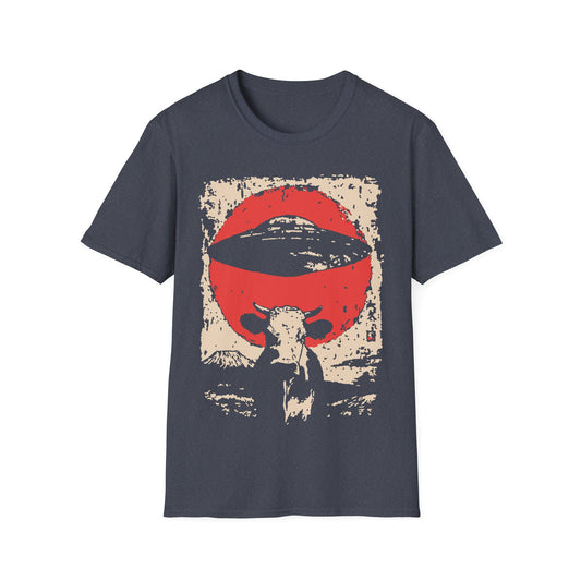 UFO Cow Abduction Red Sun t-shirt design, featuring a longhorn cow silhouette beneath a hovering flying saucer and oversized red sun in a distressed vintage sci-fi illustration on a grey background
