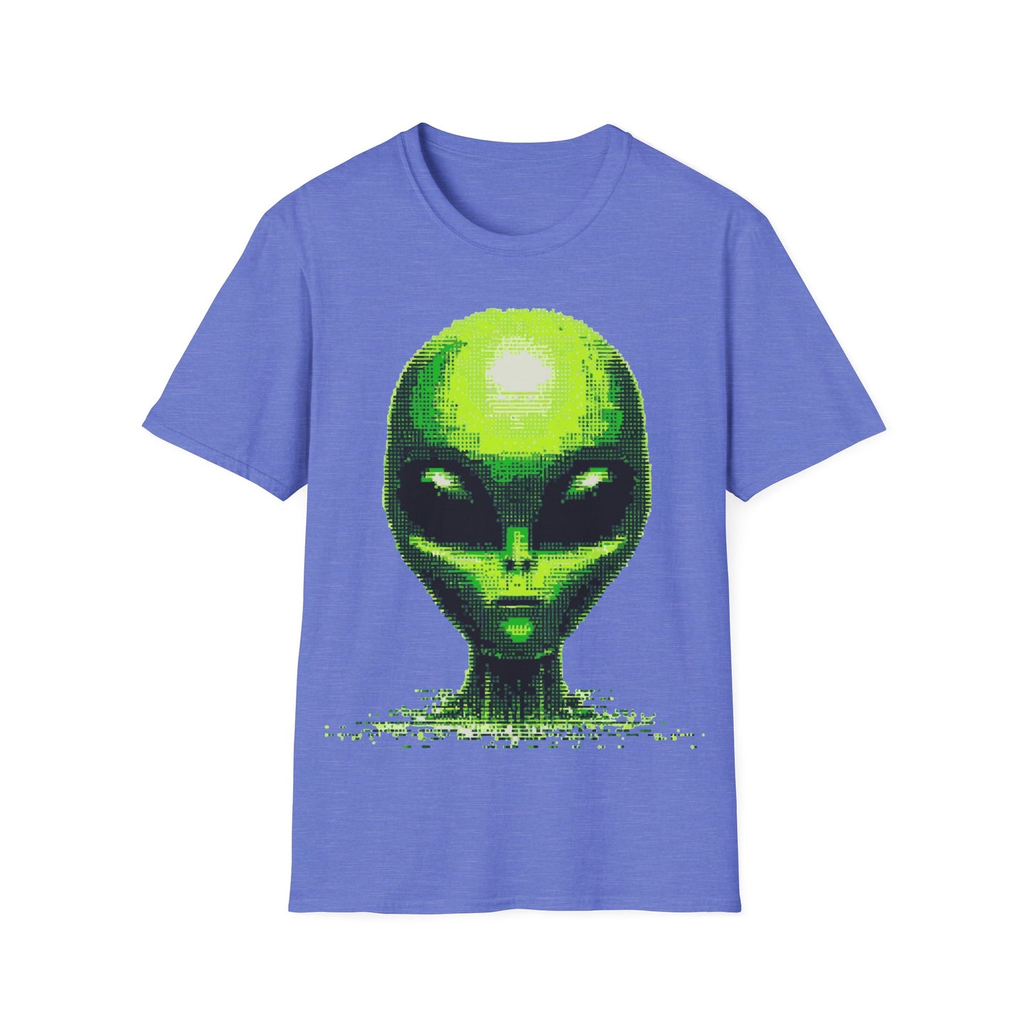 Neon green digital alien head pixel art graphic on blue t-shirt
