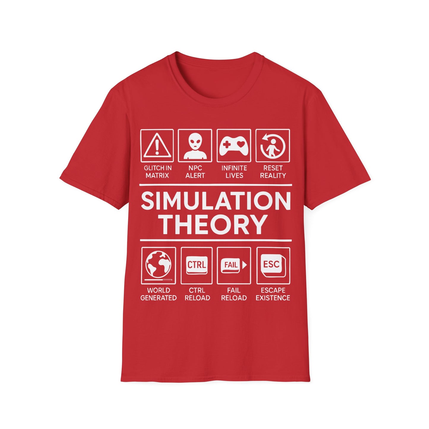 Simulation Theory t-shirt design, featuring bold white Simulation Theory lettering with glitch warning, alien head, game controller, reset icon, and digital reality-themed symbol panels in a monochrome infographic style on a red background