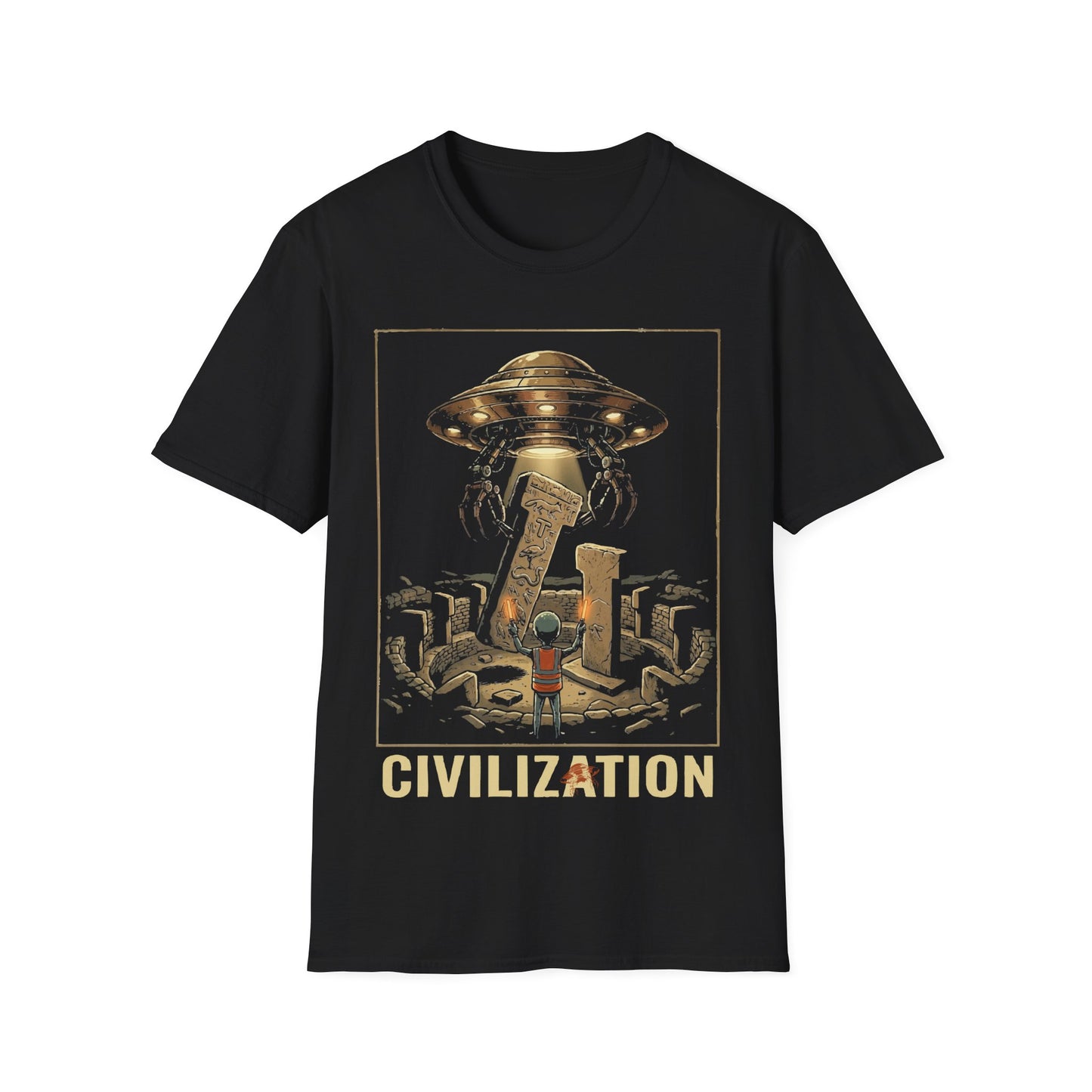 Gobeklitepe Construction t-shirt design, featuring a small alien overseeing a hovering UFO lifting carved stone pillars above an ancient circular site including word 'Civilization' in a retro sci-fi illustration on a black background