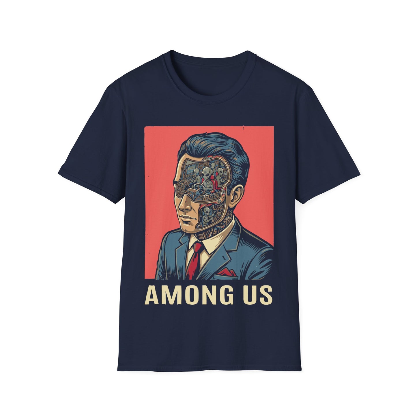 Among Us t-shirt design, featuring a sharply dressed man in a suit with his face opened to reveal tiny grey aliens operating machinery and control panels inside on a navy blue background