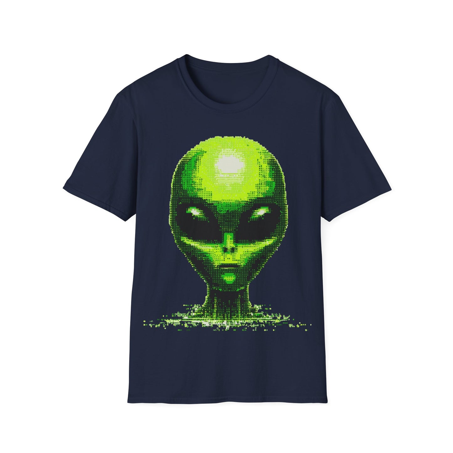 Neon green digital alien head pixel art graphic on navy blue t-shirt